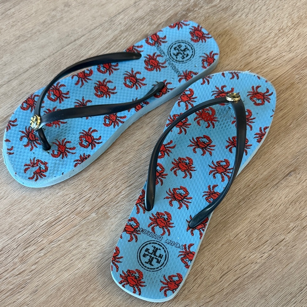 Tory Burch Blue and Red Crab Flip Flops